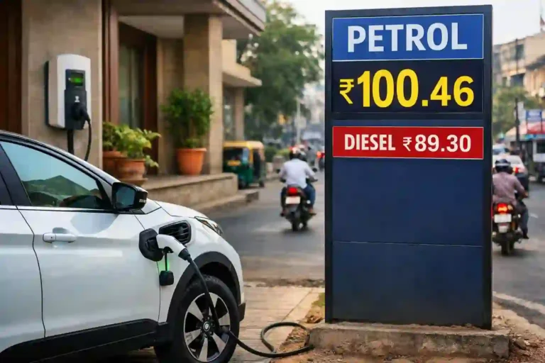 पेट्रोल ₹100 के पार होने पर इलेक्ट्रिक कार और चार्जिंग स्टेशन का दृश्य